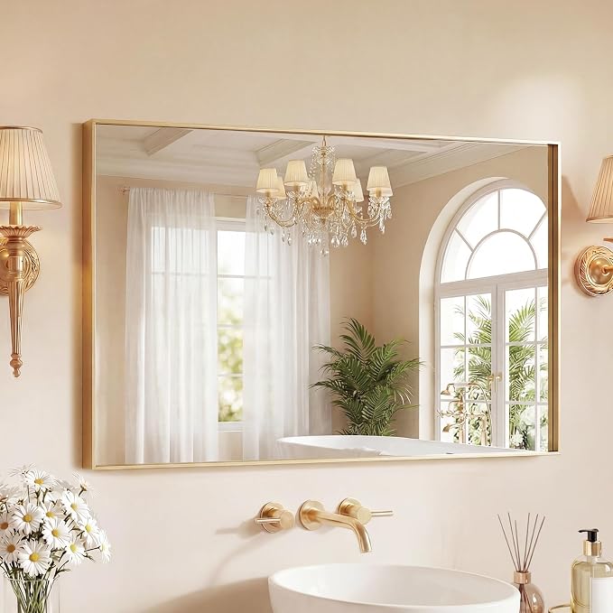 Sweetcrispy Gold Bathroom Mirrors for Over Sink, 24" x 40" Rectangle | Wall Mount Mirror with Metal Frame, Modern Vanity Mirror with Tempered Glass, for Home Decor, Anti-Rust