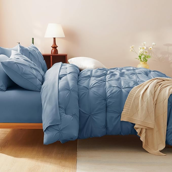 HIMEET California King Comforter Set Dusty Blue - 7 Pieces Bed in a Bag | OEKO-TEX Certified, 240GSM Down Alternative Comforter, 14" Deep Pocket Fitted Sheet + Flat Sheet + 2 Pillowcases + 2 Shams