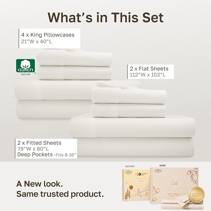 California Design Den 2-Pack Soft 100% Cotton Sateen King Bed Sheets Set | 400 Thread Count Backed by Good Housekeeping Seal, 16" Deep Pocket, All-Around Elastic, Easy Care - Ivory (Pale Tone)