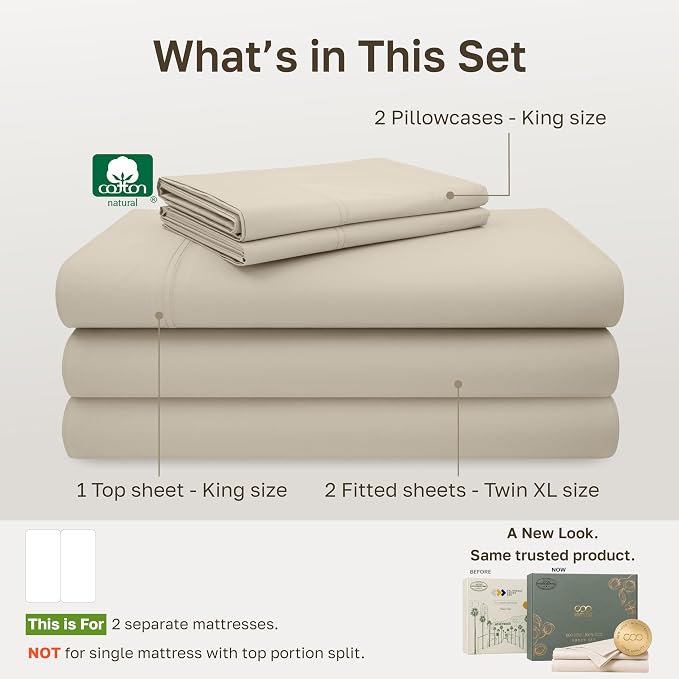 California Design Den 600 Thread Count Split King Bed Sheets, 5 Pcs, Beige | 100% Cotton Sateen, Good Housekeeping Seal, Split King Sheets Sets for Adjustable Bed with 2 Separate Twin-XL Mattresses