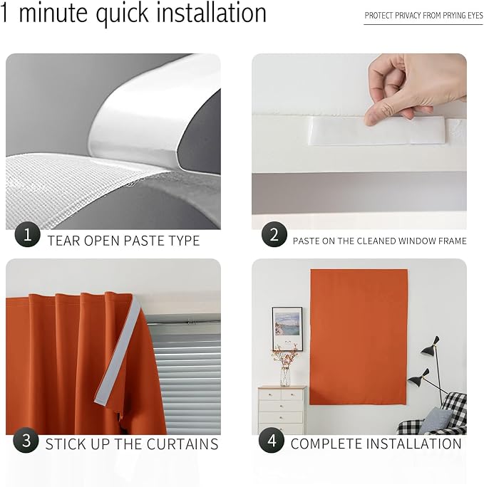 Thermal Blackout Curtains with Self-Adhesive Tape, No Rod No Drill Easy Install Window Cover for Bedroom Kitchen Dorm, 71" W x 59" L, Orange, 1 Panel