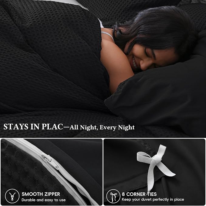 David's Home Soft Textured Waffle Weave Duvet Cover Set, Queen Size, Black | Breathable Cozy for All Season, 300GSM, 3PCS Home Bedding Decor, OEKO-TEX Certified, Hidden Zipper, 8 Corner Ties, 90" X 90"