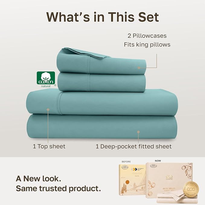 California Design Den 100% Cotton Sateen King Size Deep Pocket Sheets Set | 400 Thread Count Backed by Good Housekeeping Seal, 16" Deep Pocket, All-Around Elastic, Durable, Easy Care - Teal