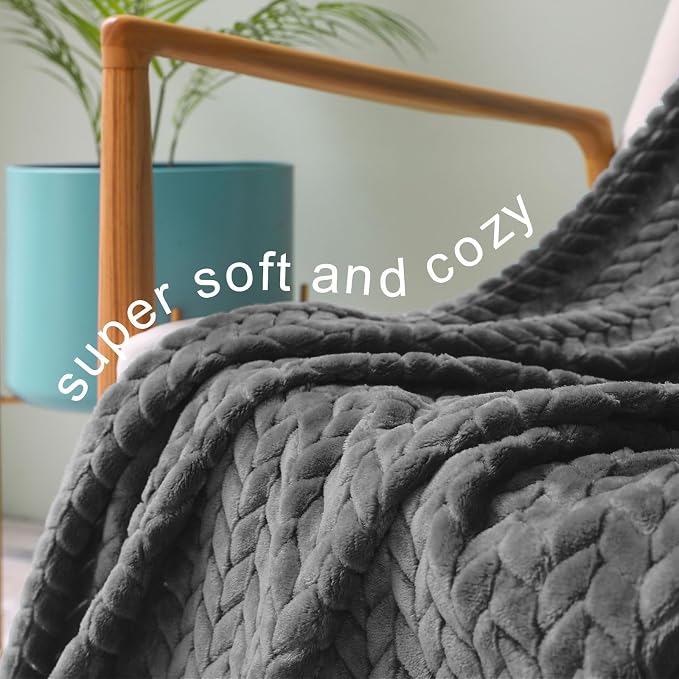 Exclusivo Mezcla Soft Fleece Bed Blanket Queen Size, 90”x66”, Dark Grey | Cozy Fluffy Lightweight Blankets for Summer, Decorative Plush Flannel Throws for Living Room, Bedroom with Leaves Pattern