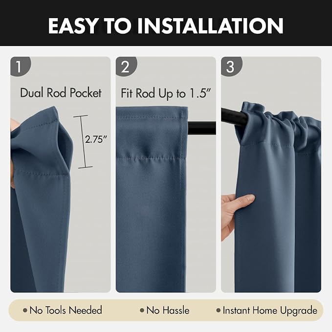 MIULEE Stone Blue Blackout Curtains 4 Panels Set 72 Inch Length Bedroom | Thermal Curtains for Summer Heat, Light Blocking Privacy Window Drapes, Top&Bottom Rod Pocket