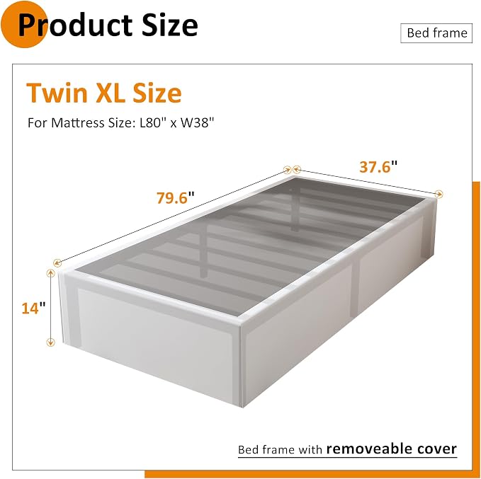 Maenizi 14 Inch XL Twin Bed Frame with White Fabric Cover, Heavy Duty Metal Twin XL Platform Bed Frame, No Box Spring Needed, Support Up to 2500 lbs, Easy Assembly, Noise Free, Black