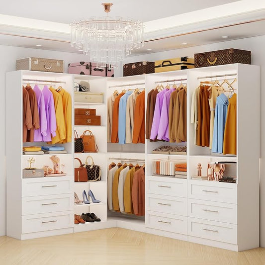 Closet System with 9 Drawers, Corner Closet Organizer Systems with 9 Shelves & 9 Hanging Rods L-Shaped Walk in Closet Freestanding Corner Tower Modular Storage System 4 Sets 2800+ Lbs Capacity White