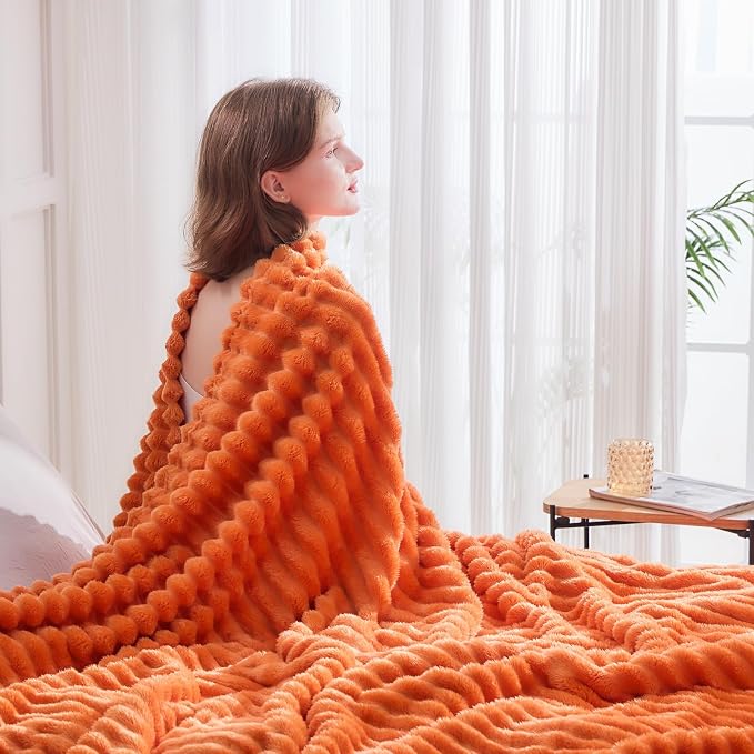 NEWCOSPLAY Fleece Ribbed Cozy Queen Blanket for Couch, Orange, 90"x90" | Premium Silky Flannel Blanket, Soft Lightweight Fluffy Throw Blanket for Bed Sofa Decor, Gift for All Season Use