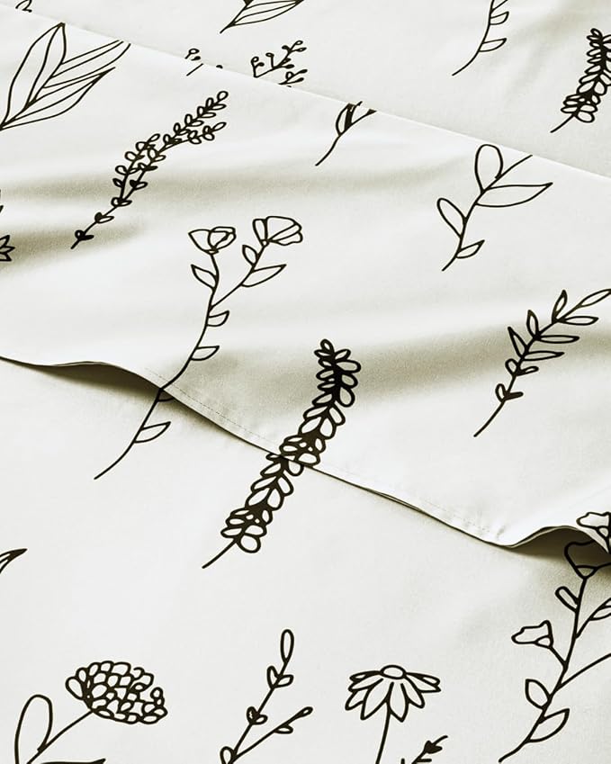 Twin 3 Piece Boho Botanical Floral Sheet Set - Soft & Cooling - Plants | 1 Flat, 1 Fitted & 1 Pillowcase w/ Deep Pockets, Boho Botanical Floral Bedding, Breathable & Cooling, Wrinkle & Fade Free