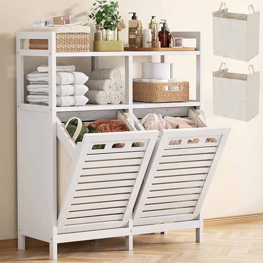 Homykic Tilt Out Laundry Hamper Cabinet, Bamboo Laundry Organizer, White | 20 Gal Laundry Sorter with 2 Removable Liner Bags, Hidden Clothes Hamper with Shelf for Laundry Room, Bathroom, Closet