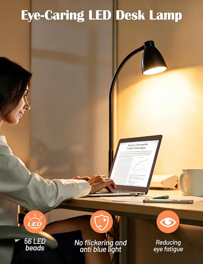 BOHON LED Desk Lamp with USB Charging Port 3 Color Modes Dimmable, Black | Reading Light Intelligent Induction Auto Dimming Task Lamp Neck Flexible Table Lamp for Bedside Office, AC Adapter Include