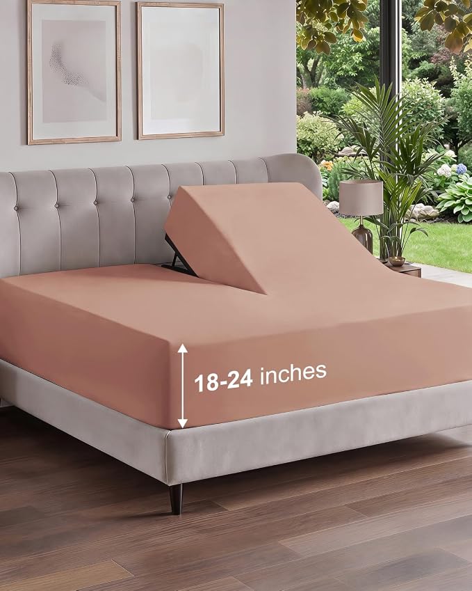 Extra Deep Flex Top Split Head King Fitted Sheet Only - Mauve | Easily Fits 18 inch to 24 inch Mattress, Soft, Wrinkle Free, Breathable & Comfy, Extra Deep Pockets Hotel Luxury Fitted Sheet