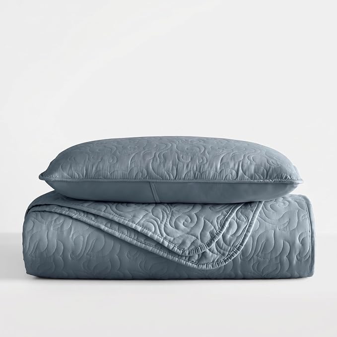 Merit Linens Modern Quilt Coverlet Soft Set in Floral Stitching - Twin/TwinXL Dusk Blue