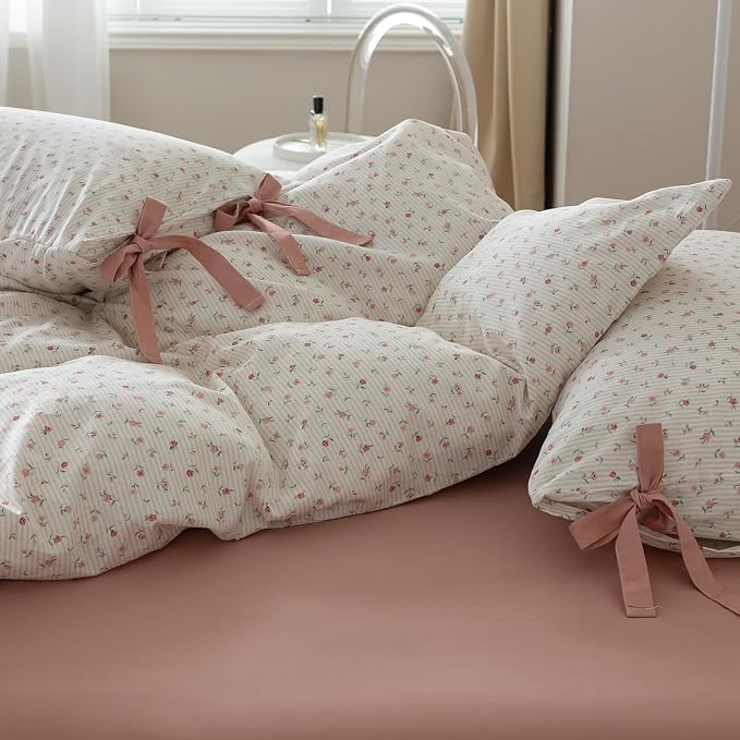 mixinni White Flower Pattern Duvet Cover Full Pink Floral Stripes Duvet Cover Set 100% Cotton Bedding Set with Zipper Ties Bow Tie Pillowcases, Easy Care, Ultra Soft and Breathable-Full Size