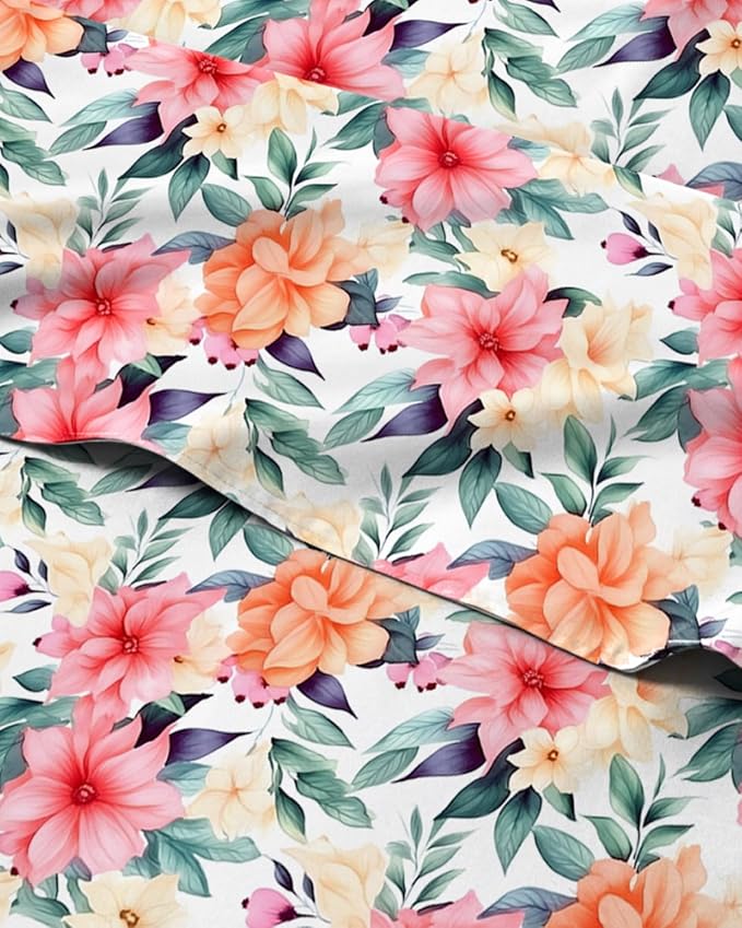 Cal King 4 Piece Floral Sheet Set - Breathable & Cooling - Sunset Hibiscus | 1 Flat, 1 Fitted & 2 Pillowcases w/ Deep Pockets, Boho Botanical Floral Bedding, Breathable & Cooling, Wrinkle & Fade Free