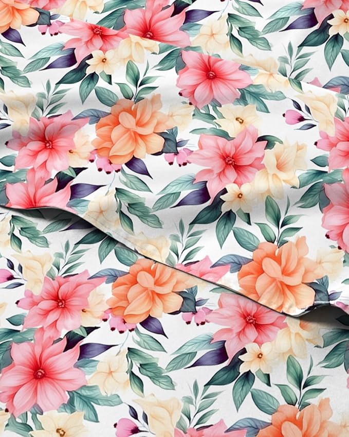 Full 4 Piece Floral Sheet Set - Breathable & Cooling - Sunset Hibiscus | 1 Flat, 1 Fitted & 2 Pillowcases w/ Deep Pockets, Boho Botanical Floral Bedding, Breathable & Cooling, Wrinkle & Fade Free