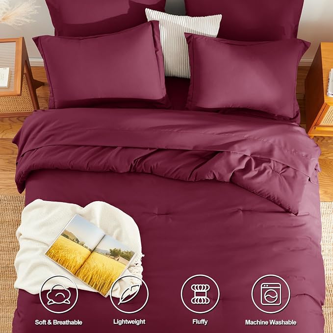 HIMEET King Comforter Set, 7-Piece Point-Quilted Bed in a Bag, Burgundy | OEKO-TEX Certified, Lightweight 240 GSM Comforter, Flat Sheet, 14-Inch Deep-Pocket Fitted Sheet, Pillowcases & Shams