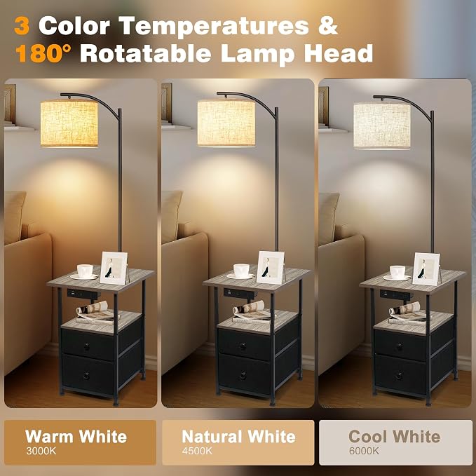 PESRAE Floor Lamp with Table & 2 Drawers, End Table with Lamp, Vintage Grey | Charging Station with USB, Type-C & AC Outlet; 9W LED Bulb with 3 Color Temperatures for Bedroom, Living Room & Home Office