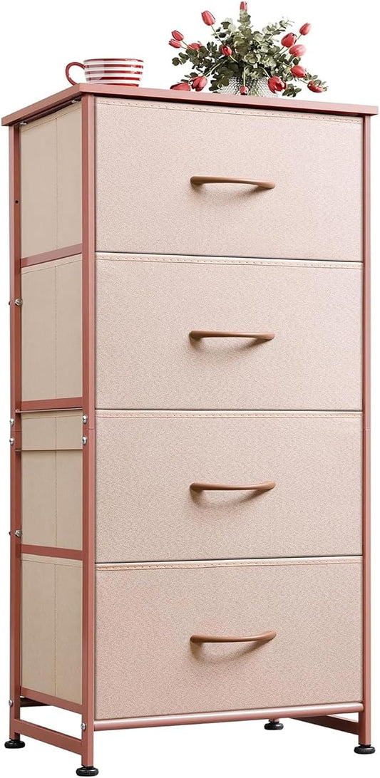 WLIVE Small Dresser Nightstand for Bedroom, 4 Drawers, Pink | 4 vertical fabric drawers, Space-saving tower, Bedroom or closet use, Chest of drawers, Dresser for small spaces