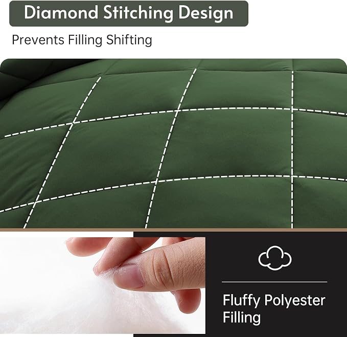7 Pieces Oversized Queen Comforter Set, Reversible Bed in a Bag Oversized Queen Size, All Season Bedding Set, Flat Sheet, Fitted Sheet, Pillowcases & Shams, Dark Green & Light Green