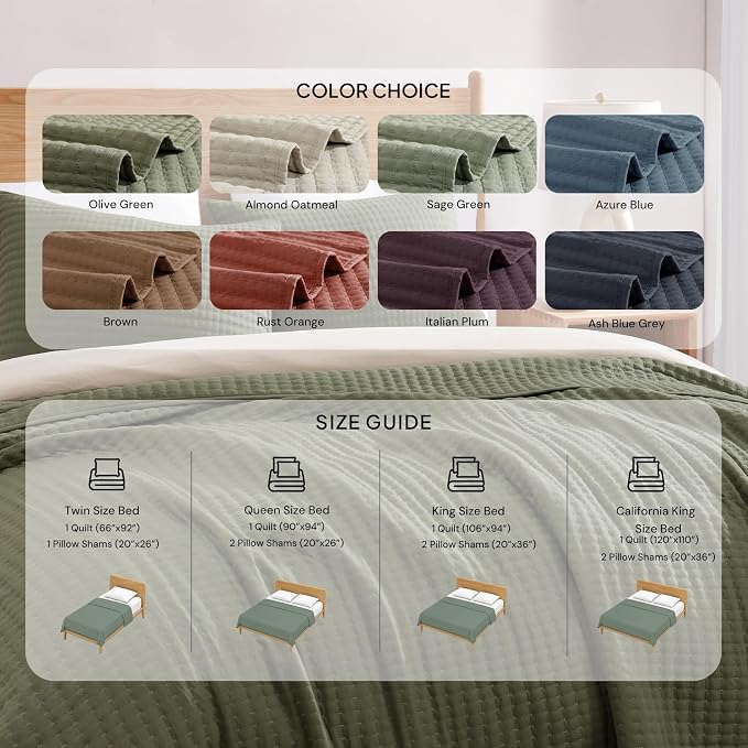 Sage Green California/Oversized King Size Quilt Bedding Set | Lightweight Soft Bedspreads Coverlet with 2 Pillow Shams for All Season, 120" x 110"