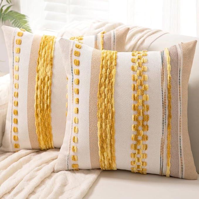 Boho Throw Pillow Covers Decorative Neutral Farmhouse Pillow case | 18x18 Set of 2 Cushion Case Striped Square Pillows Cover Couch Pillow Cases Accent Pillowcase for Sofa Bed,Yellow