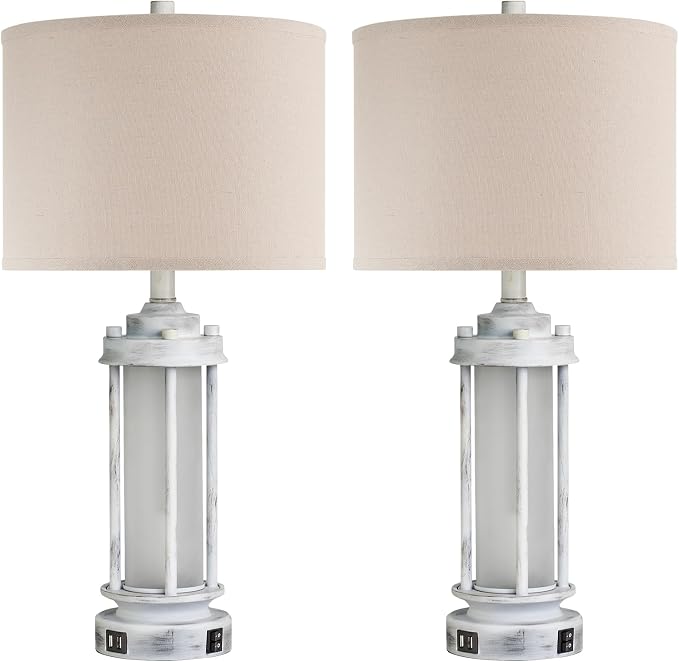 AIEAMPDO 25" Set of 2 Antique White Rustic Table Lamps 2 USB C+A Ports | Vintage Farmhouse Design With Glass Night Light. Nightstand Lamps For Living Room, Bedroom And Dorms, 4 Bulbs Included