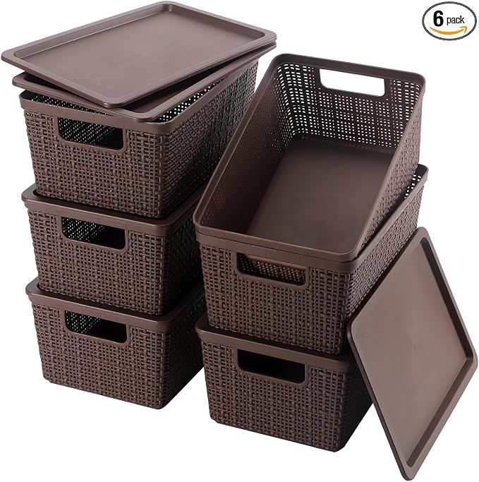 6 Pack Plastic Storage Baskets with Lid,Brown Stackable Bins | Durable Woven Plastic With handle Breathable,Save space ,For Organizing Desktops, Closets, Playrooms, Classrooms, Offices