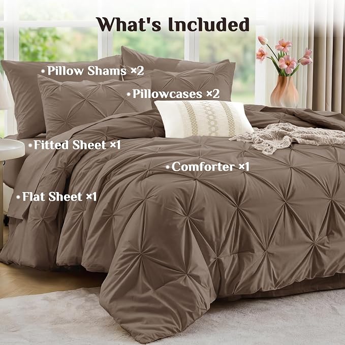 JOLLYVOGUE Queen Comforter Set 7 Pieces - Bed in a Bag Queen for All Season, Pintuck Bedding Comforter Sets with Comforter, Flat Sheet, Fitted Sheet and Pillowcases & Shams, Brown