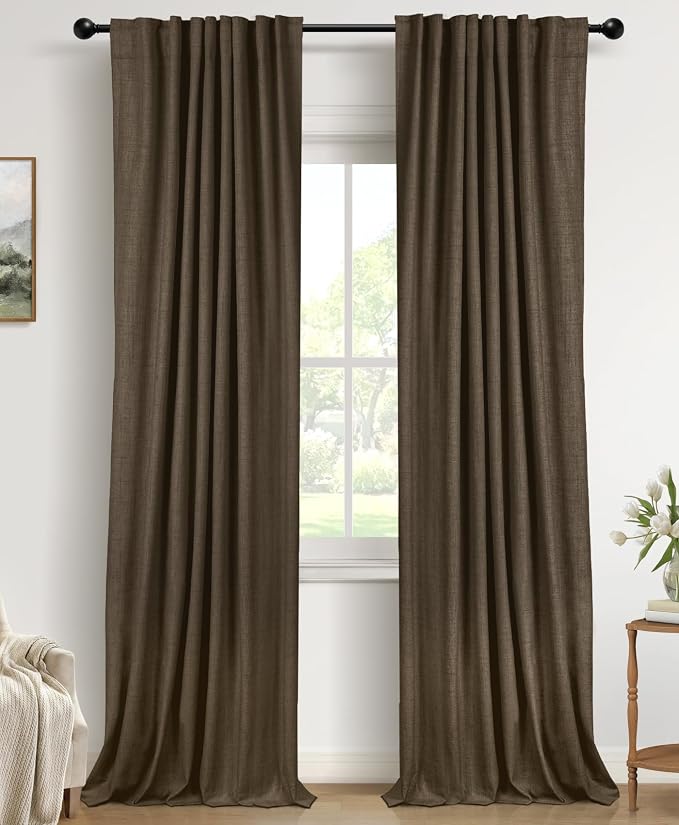 Faux Linen Total Blackout Curtains for Bedroom 102 Inches Long, Dark Brown | 100% Blackout Shield, Back Tab/Rod Pocket Living Room Drapes, Thermal Insulated Blackout Curtains 2 Panels Set, 50"W x 102"L