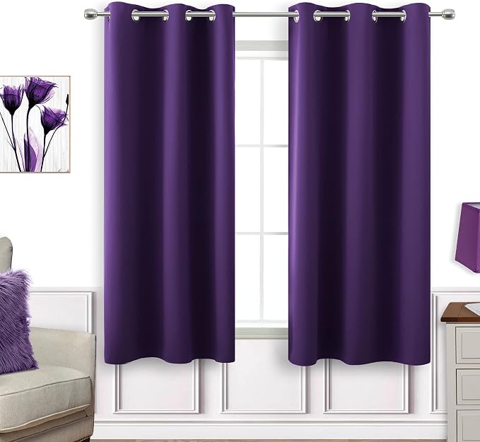 KOUFALL Dark Purple Window Curtains for Bathroom 2 Panels Set Room Darkening Small Short Blackout Curtains for Bedroom Kitchen 45 Inch Length,Royal Grape
