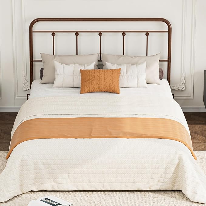 Victorian Metal Queen Size Headboard, Adjustable Height, Brown | Sturdy Steel Queen Head Board Only for Bedroom, Bed Frame Brackets Adapter, Farmhouse Vintage Style, Easy Assembly