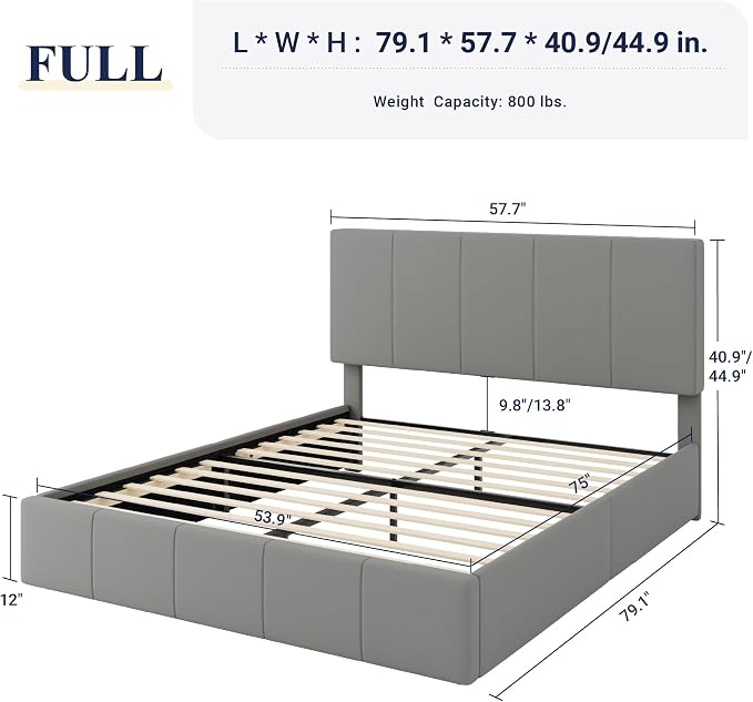 Allewie Full Size Dutch Velvet Upholstered Platform Bed Frame/Vertical Channel Tufted Adjustable Headboard/Low Profile Bed Frame/No Box Spring Needed/Easy Assembly/Grey
