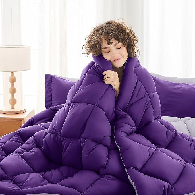 7 Pieces California King Comforter Set, Reversible Bed in a Bag Cal King Size, All Season Bedding Set with Comforter, Flat Sheet, Fitted Sheet, Pillowcases & Shams, Purple & Lavender