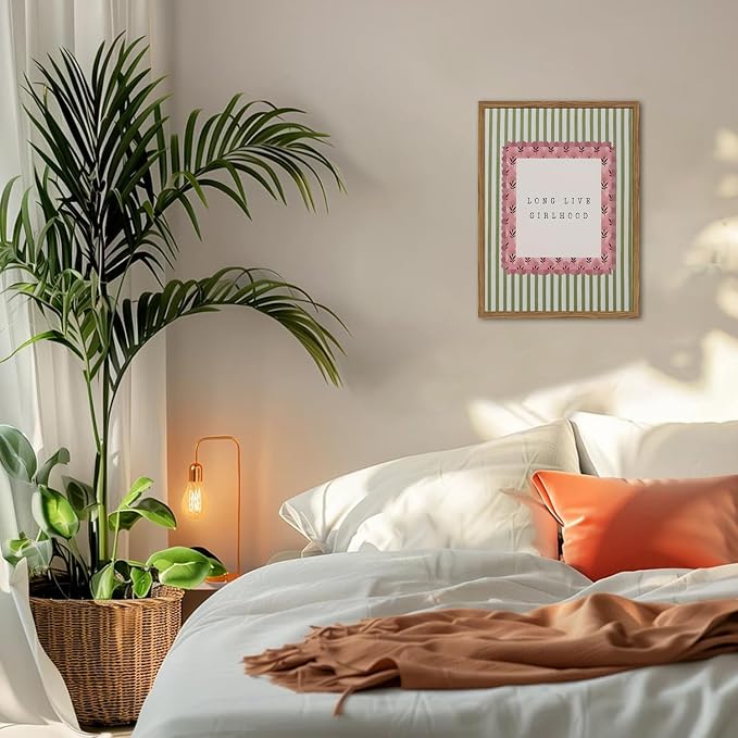 Long Live Girlhood Wall Art Vintage Girl Nursery Wall Decor Picture, Pink and Green Striped Baby Girls Poster Canvas Print Painting Artwork for Living Room Bedroom 12x16 inch Wood Framed