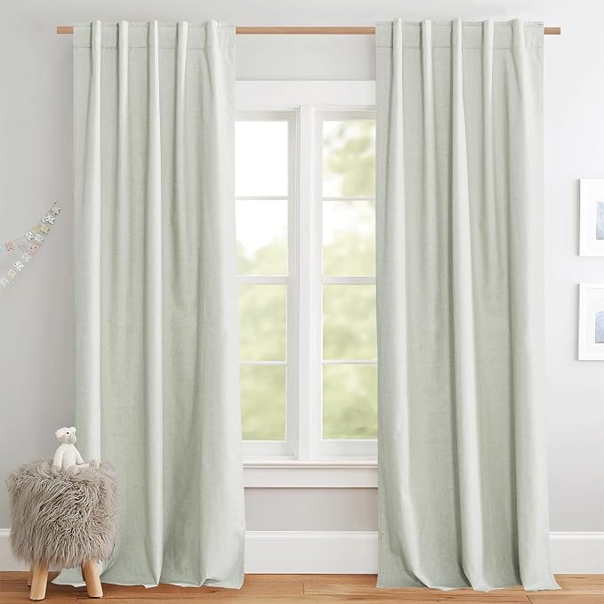 NICETOWN Living Room Full Blackout Light Green Linen Curtains 108" Length | Thermal Insulated, Farmhouse Style Keep Warm for Large Window Draperies for Hall, 2 Panels, W52" x L108" Each