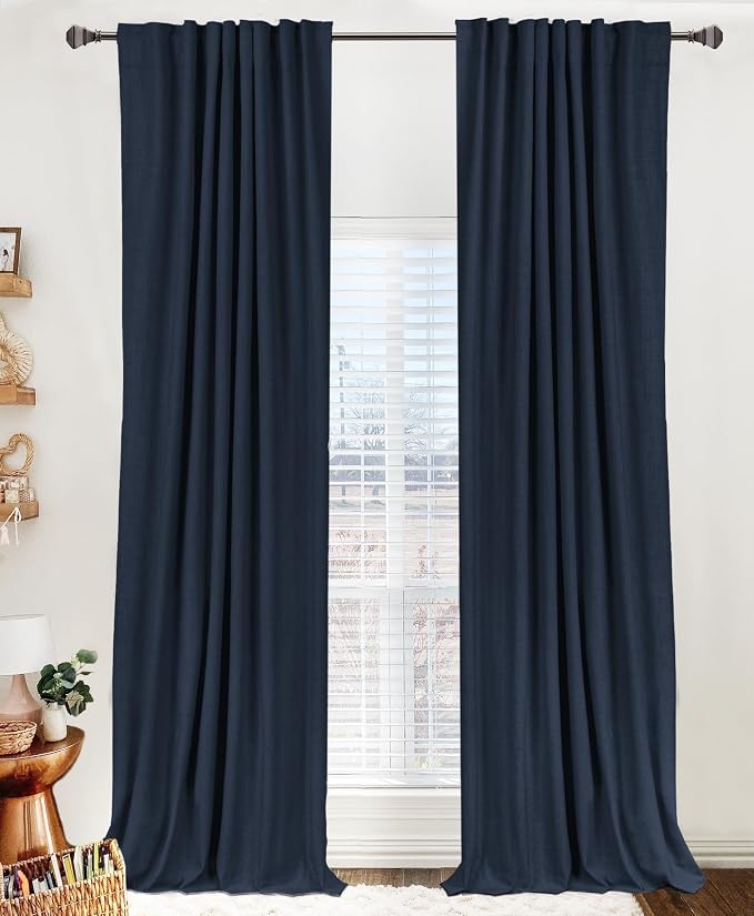 Linen Textured Total Blackout Curtains for Bedroom 90 Inches Long, Navy | 100% Blackout Shield, Back Tab/Rod Pocket Living Room Drapes, Thermal Insulated Blackout Curtains 2 Panels Set, 50"W x 90"L