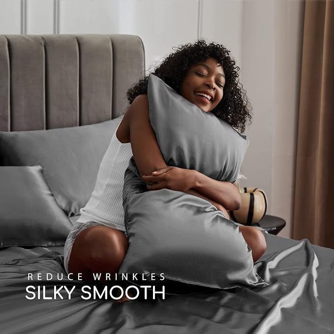 MR&HM Satin Sheets King Size with Elastic Corner Straps, Dark Grey | Similar to Silk, 4-Piece Silky Soft Bed Sheet Set, Gentle on Skin and Hair, 15" Deep Pocket, Cooling & Breathable