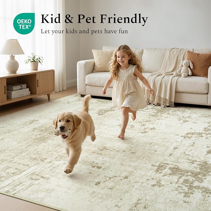Rugflix 5x7 Area Rugs for Living Room, Washable Linen Beige Large Rug | Machine Washable; Stain-Resistant; Low Pile; Non-Slip; Modern Abstract; Carpet for Bedroom Dining Office Nursery Home