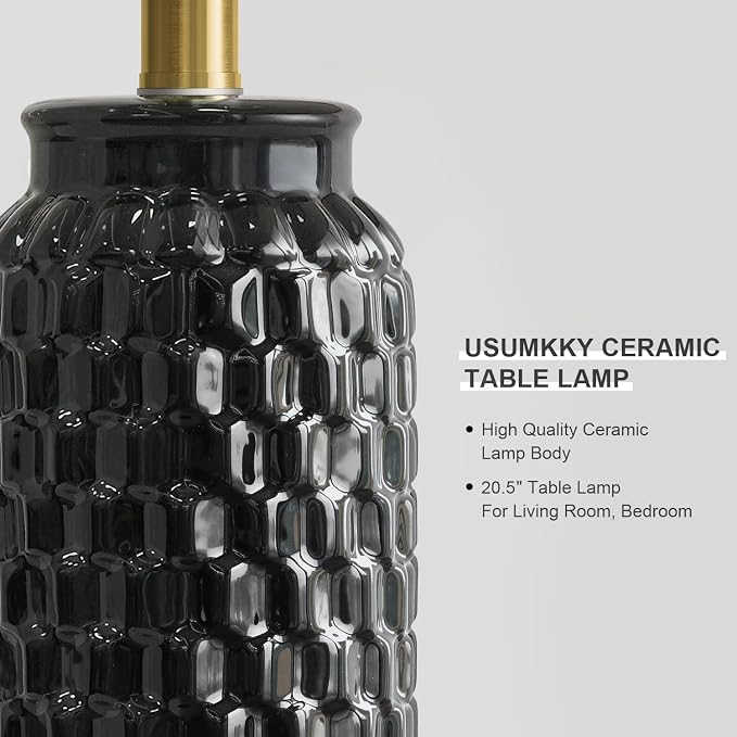 USumkky 20.5" Black Modern Ceramic Bedside Lamp Set of 2 for Bedroom Decor Farmhouse Table Lamp for Living Room Office Dorm