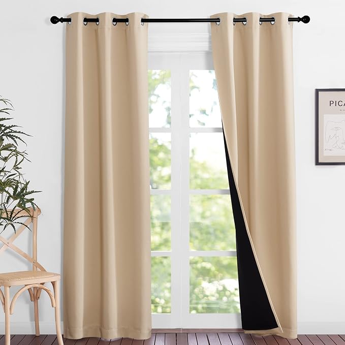 NICETOWN Biscotti Beige Curtains for Living Room 37" w x 84" L 2 Panels | Completely Shaded Draperies Privacy Protection Noise Reducing Black Lined Insulated Window Treatment Panels for Patio Door