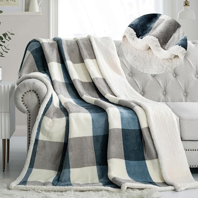 PU MEI Sherpa Fleece Throw Blanket 60" x 80" Reversible Plush Fluffy Large Big Blanket Lattice Flannel Blankets for Sofa Couch Bed (Grey-Soft Blue, 60"*80")