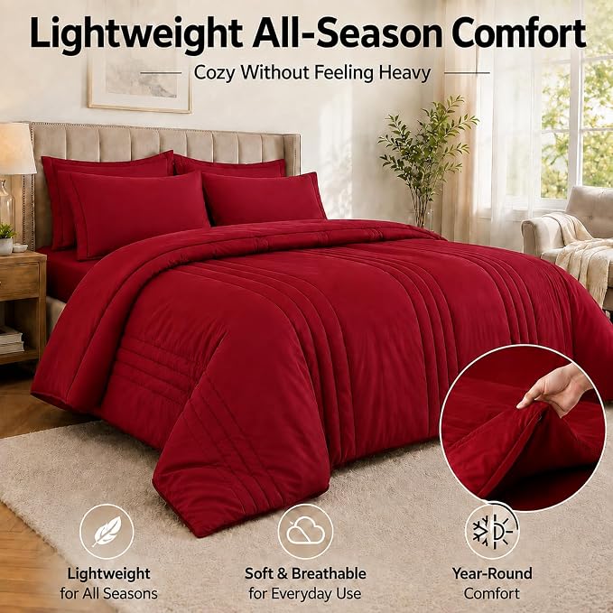 King Size Comforter Set Red - 7 Pieces Complete Bedding Set | OEKO-TEX Certified, All Season, 240GSM Down-Alternative Comforter, Sheets, Pillowcases & Shams, 14" Deep Pocket, Easy Care