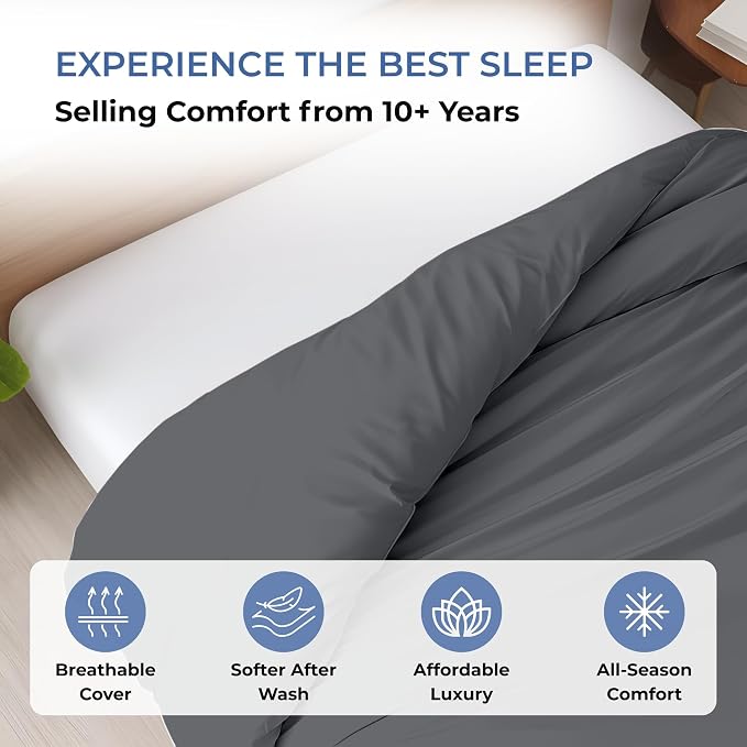 1 Pc Duvet Cover King Size-100% Egyptian Cotton 600 Thread Count Ultra Soft Premium Durable Comforter Cover Zipper Closure & Corner Ties - (Dark Grey, 104" X 94")