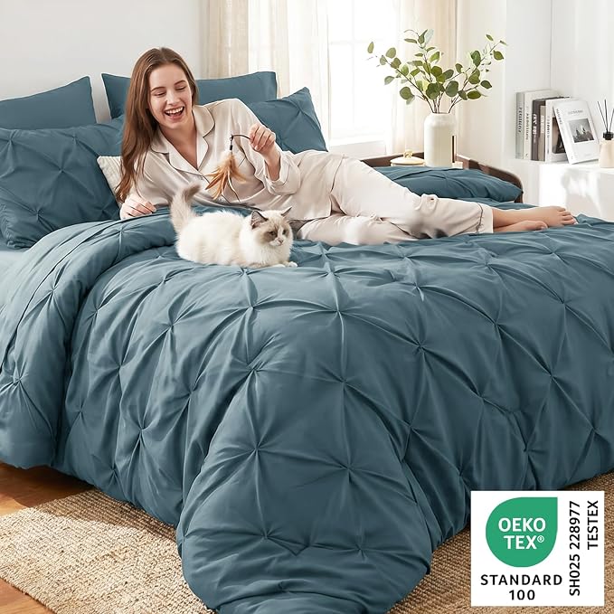 Twin XL Comforter Set Mineral Blue, 5 Pieces Pintuck Bed in a Bag | College Dorm Essentials, OEKO-TEX 100 Certified, 240GSM All Season, Down-Alternative Comforter, Sheets, Pillowcase & Sham