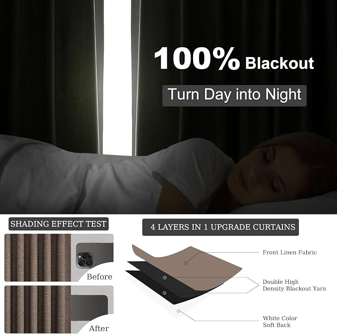 Topfinel 96 Inch Blackout Linen Curtains 2 Panel Set for Living Room Darkening Back Tab Thick Linened Textured 100% Black Out Drapes 96 Inches Long Light Blocking Kids Bedroom Dark Brown