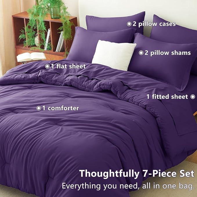Full Size Comforter Set Purple, 7 Pieces Bed in a Bag | OEKO-TEX Certified, All-Season, Bedroom, 240GSM Down Alternative Comforter, Flat & Fitted Sheets, 2 Pillowcases & 2 Shams