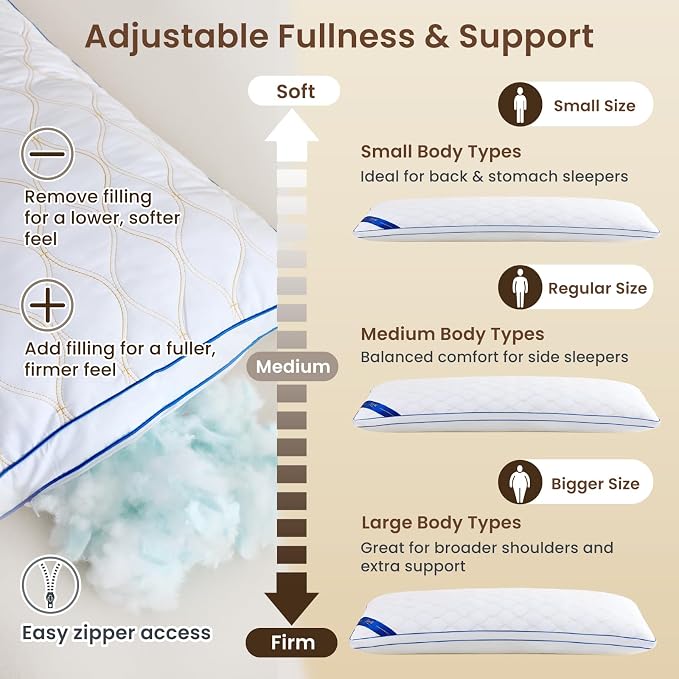 ZonLi Long Body Pillow for Adults, Gold Thread Quilted Gourd Pattern Cover, Soft Durable Adjustable Shredded Memory Foam, Comes with Extra 7 Oz Shredded Foam, Ideal for Side Sleepers, White