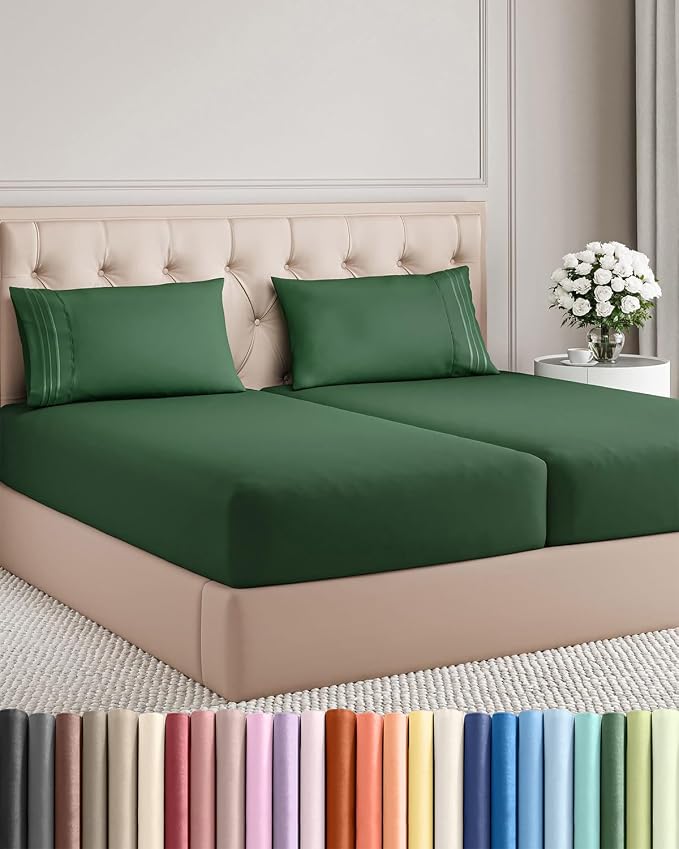 Split King Size 5 Piece Sheet Set - Breathable & Cooling - Emerald Green | Hotel Luxury Bed Sheets for Women & Men, Deep Pockets, Easy-Fit, Comfy, Soft and Wrinkle Free Sheets, Oeko-Tex Bed Sheet Set