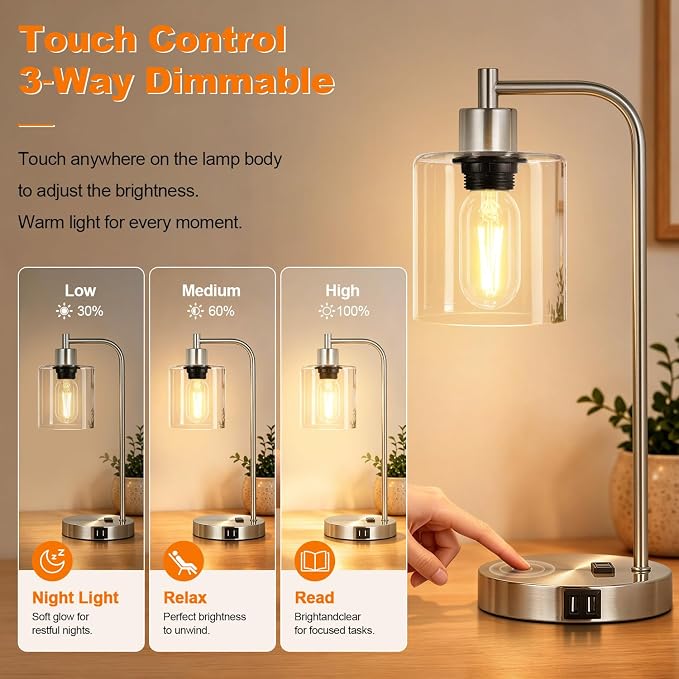 Industrial Touch Control Table Lamps Set of 2 - Brushed Nickel Nightstand Bedside Lamps with 2 USB Ports & AC Outlet, 3-Way Dimmable Desk Lamp for Bedroom Living Room, Glass Shade & LED Bulbs Included